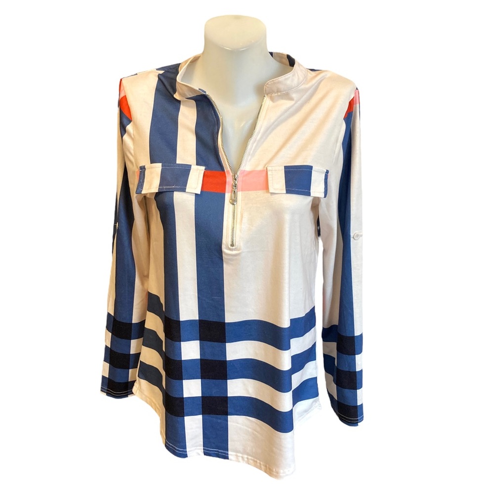 Moyabo striped 1/4 zip long sleeved color block top shirt size medium M blue